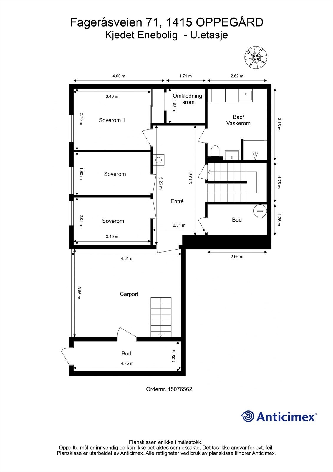 Plantegningen for underetasjen viser entré, tre soverom, bad/vaskerom og to boder. Galleribilde