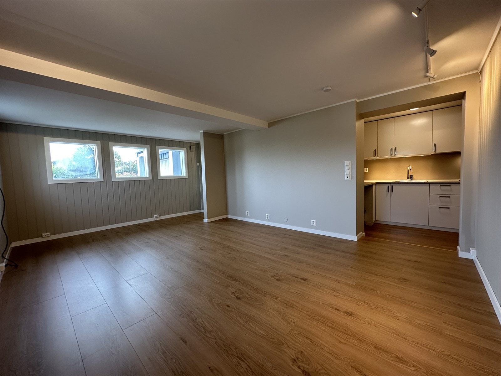 Hybel: Stuen med innenforliggende kjøkken. Galleribilde