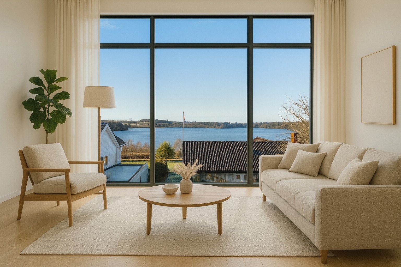 Fra tomten har man nydelig utsikt over Stokkavannet. Her har man illustrert hvordan det kan bli seende ut fra boligen. Galleribilde