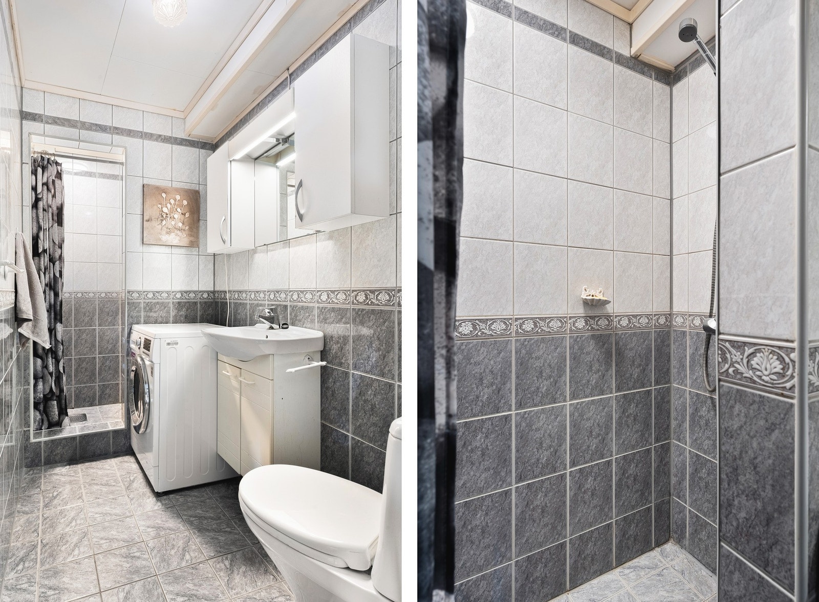 Badet er innredet med dusjnisje, toalett, opplegg for vaskemaskin og baderomsinnredning. Galleribilde