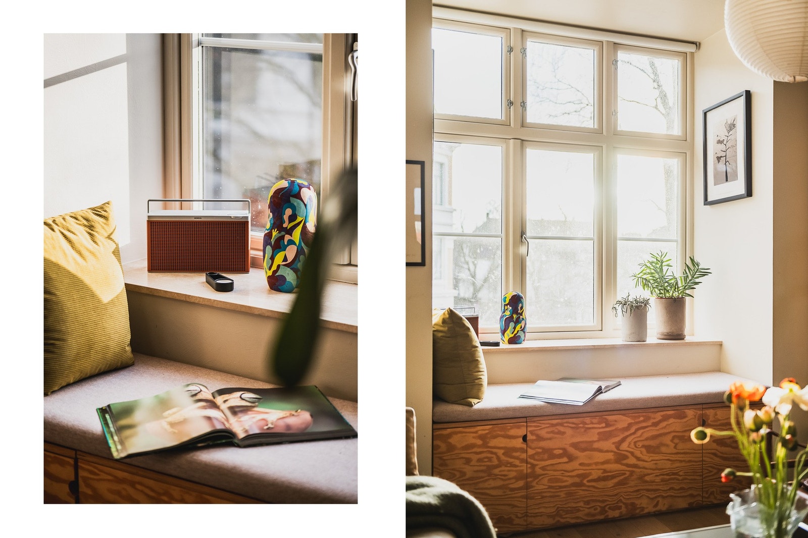 Plassbygde sittebenker ved vinduene gir ekstra sitteplasser og skjult oppbevaring. Galleribilde