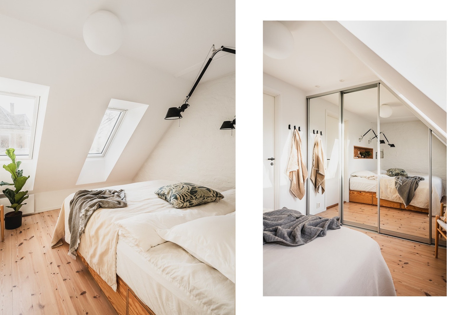 Hovedsoverommet i loftsetasjen har skyvedørsgarderobe med speilfronter og originale furugulv. Galleribilde