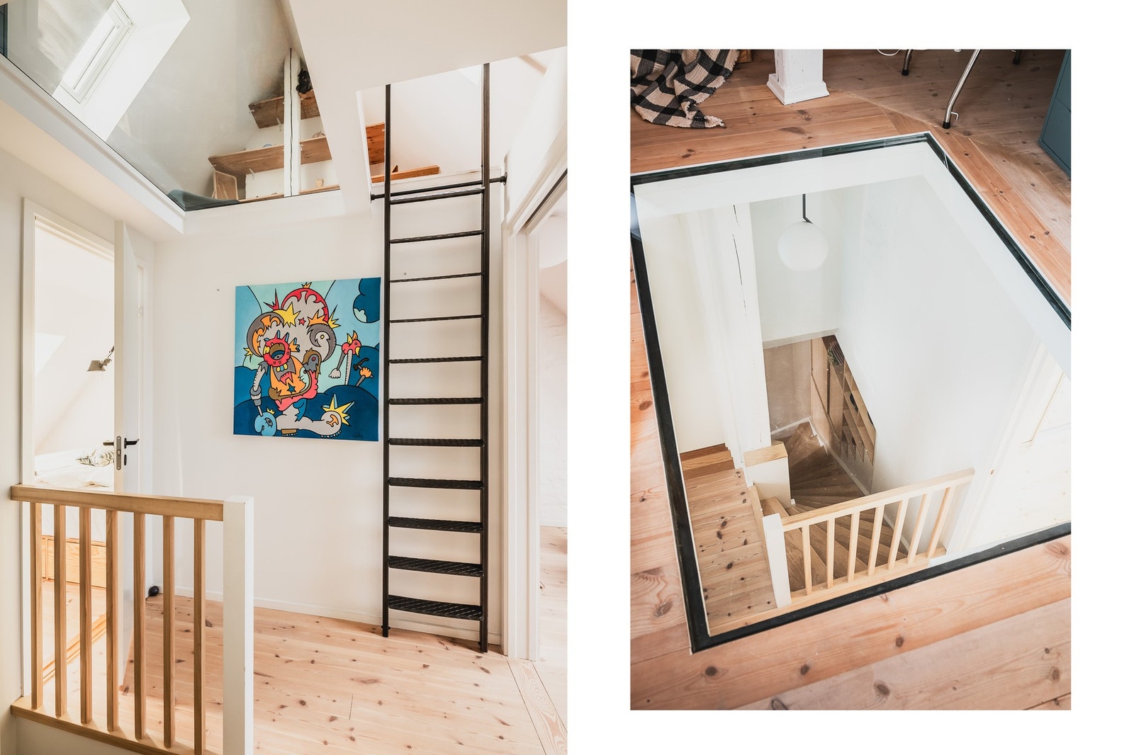 Fra hemsen gir et glassfelt i gulvet en visuell forbindelse ned til etasjen under. Galleribilde