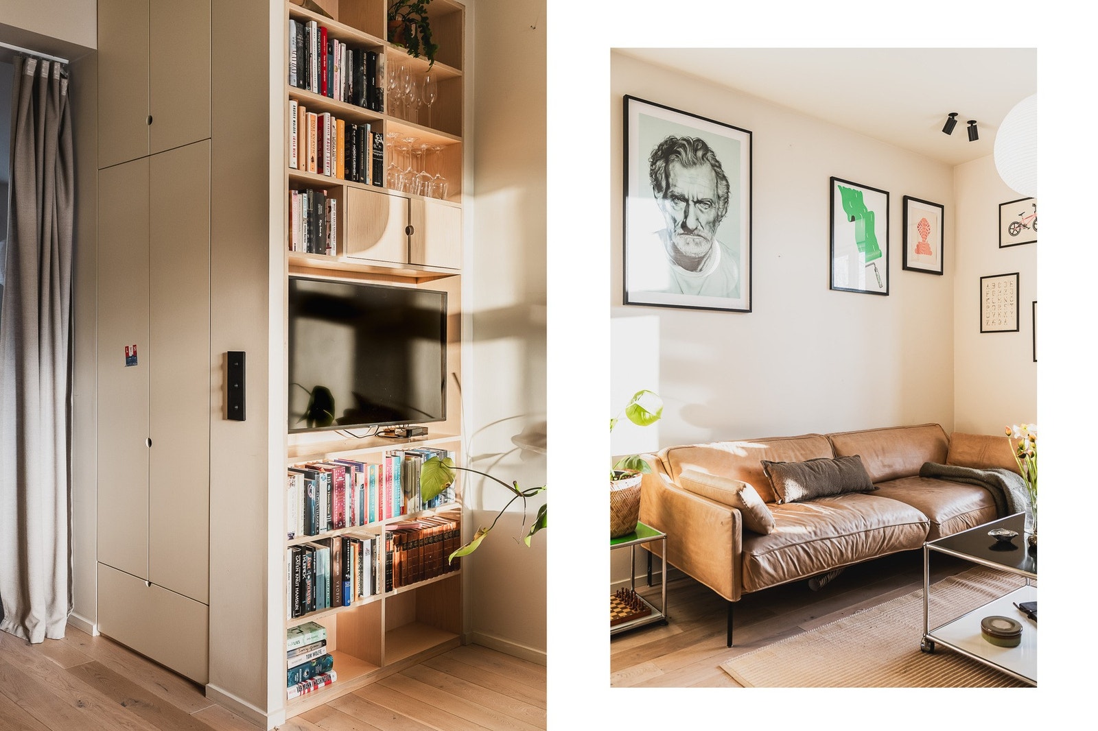 Stuen har en plassbygd bokhylle med integrert TV-løsning, designet av arkitekt. Galleribilde