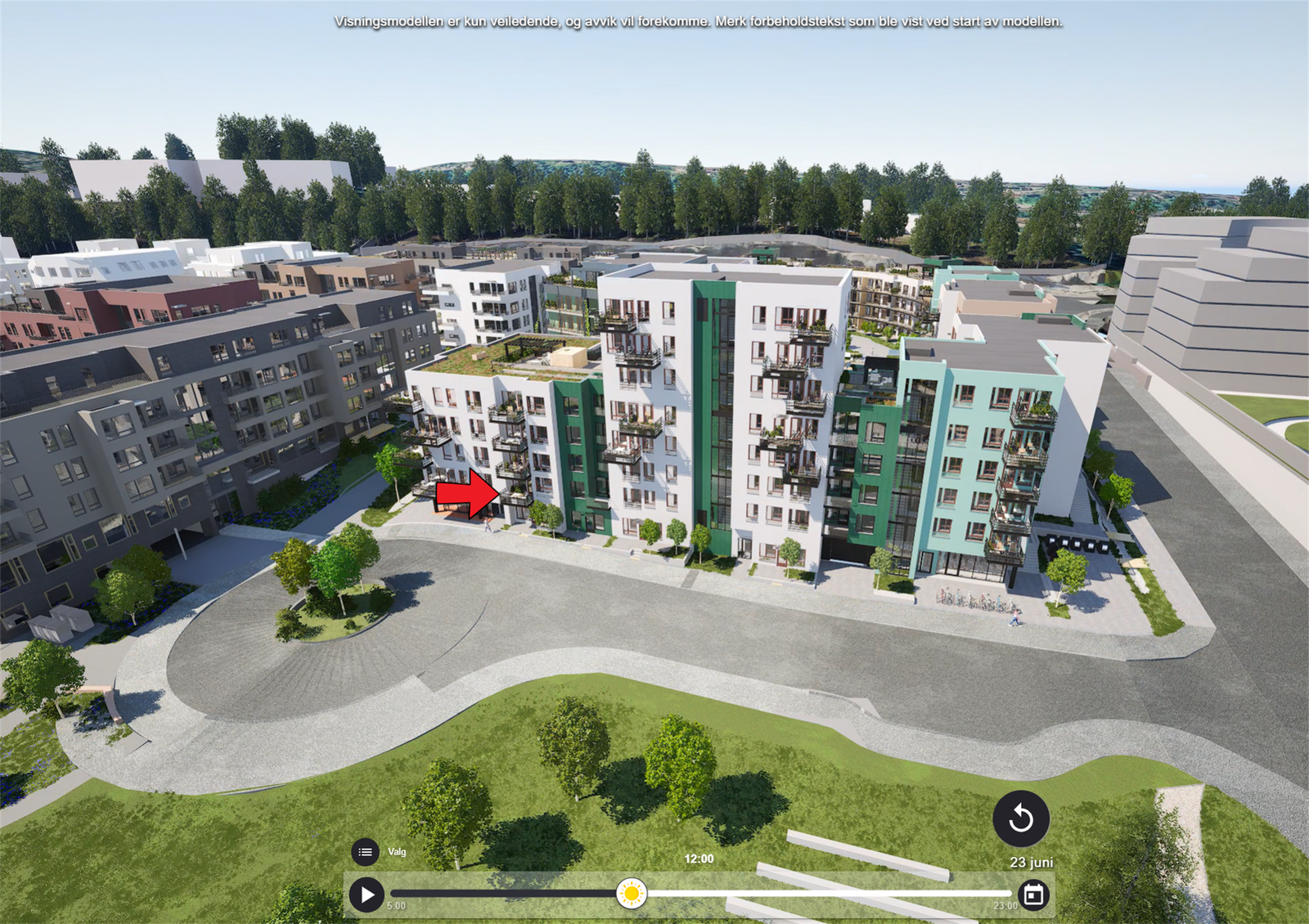 Illustrasjon | Fasader med markering av leilighetens beliggenhet. Avvik kan forekomme. Galleribilde