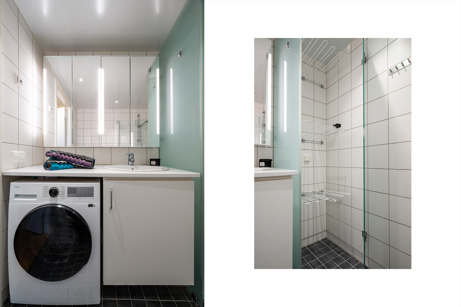 Opplegg til vaskemaskin, servant med underskap og meget praktisk tørkeskap. Det er montert stikkontakt i tørkeskapet, hvis det er ønskelig med tørketrommel. Galleribilde