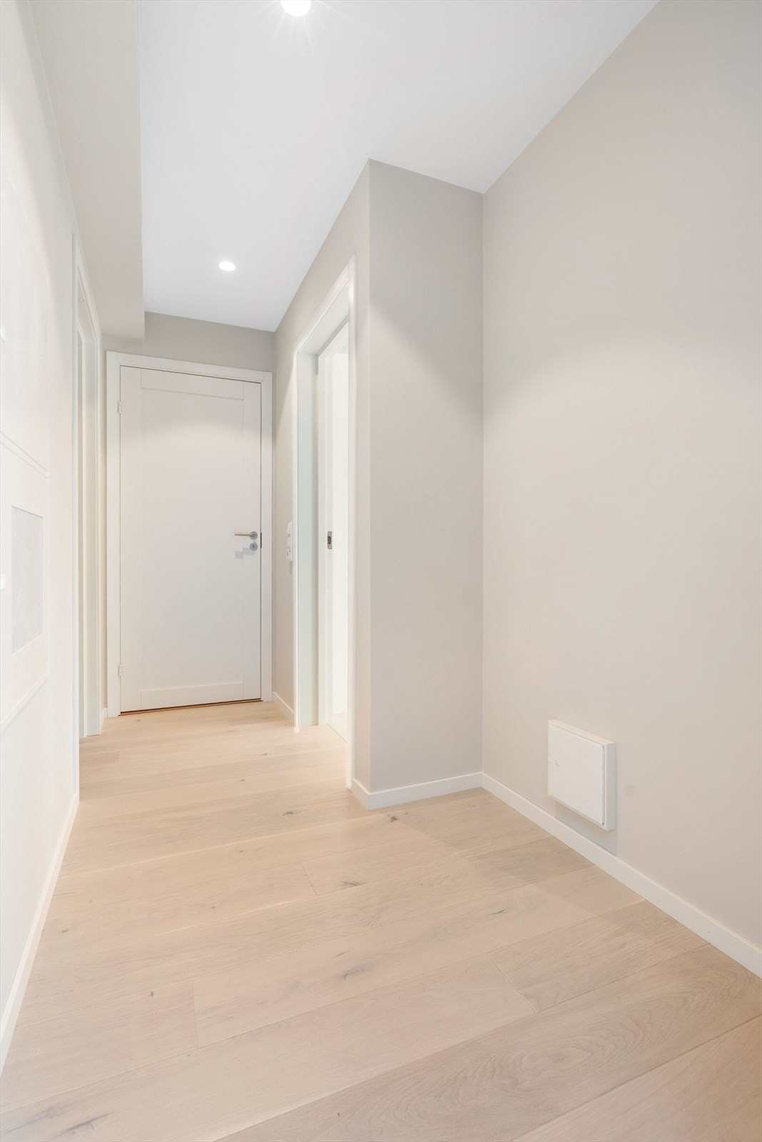 Det er en pen eikeparkett på gulv. Downlights i entréens himling. Galleribilde