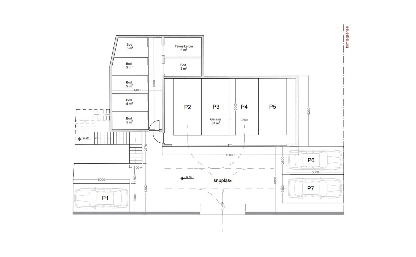 Oversikt over boder og parkeringsplasser for boligene. Galleribilde