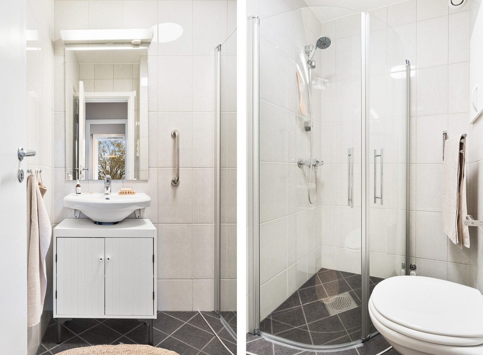 Badet på ca. 2,7 kvm er helfliset og innredet med dusjhjørne, veggmontert toalett og servant med underskap. Galleribilde