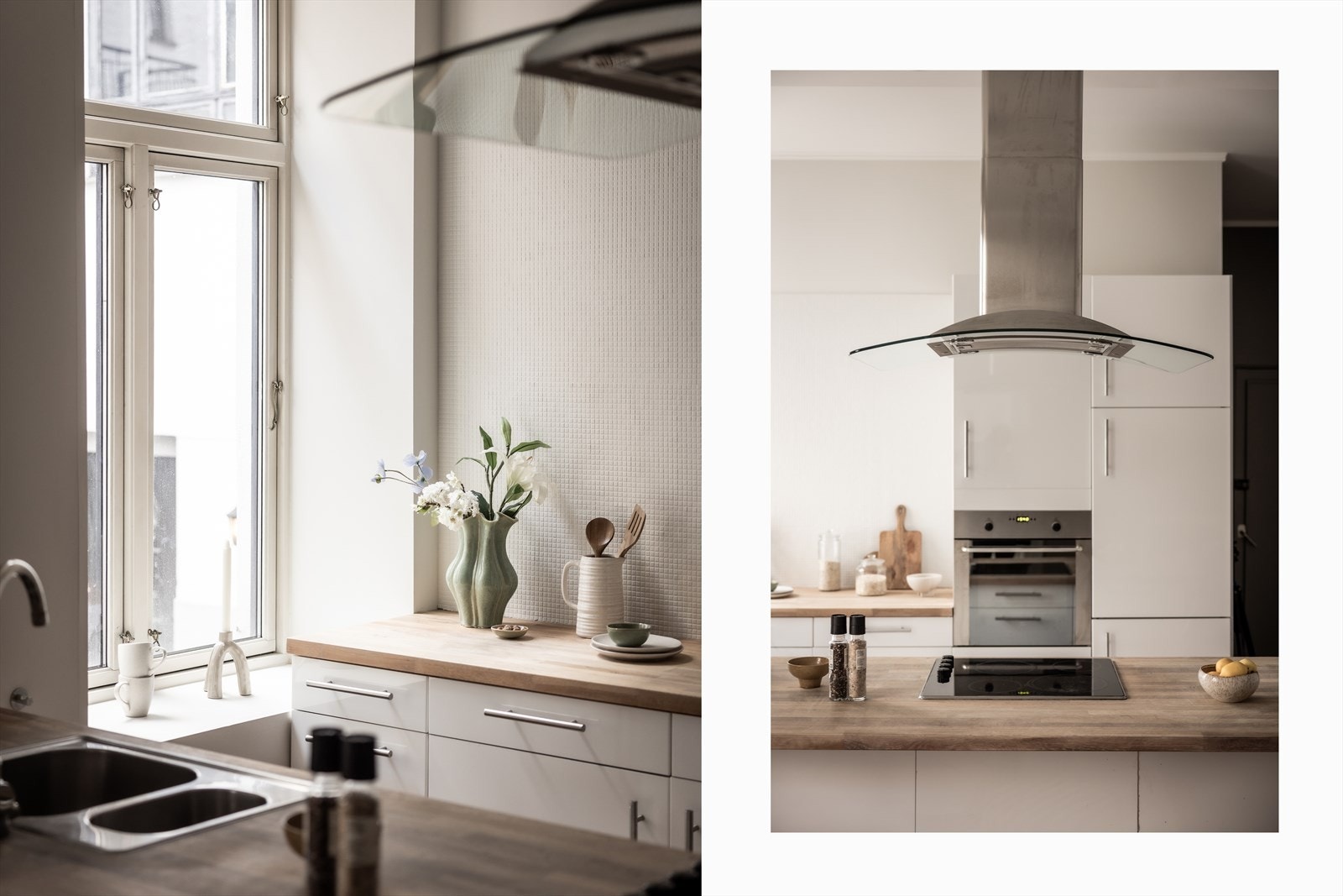 Kjøkkenhalvøya gir ekstra arbeids- og oppbevaringsplass, med en takhengt ventilator med kullfilter. Galleribilde