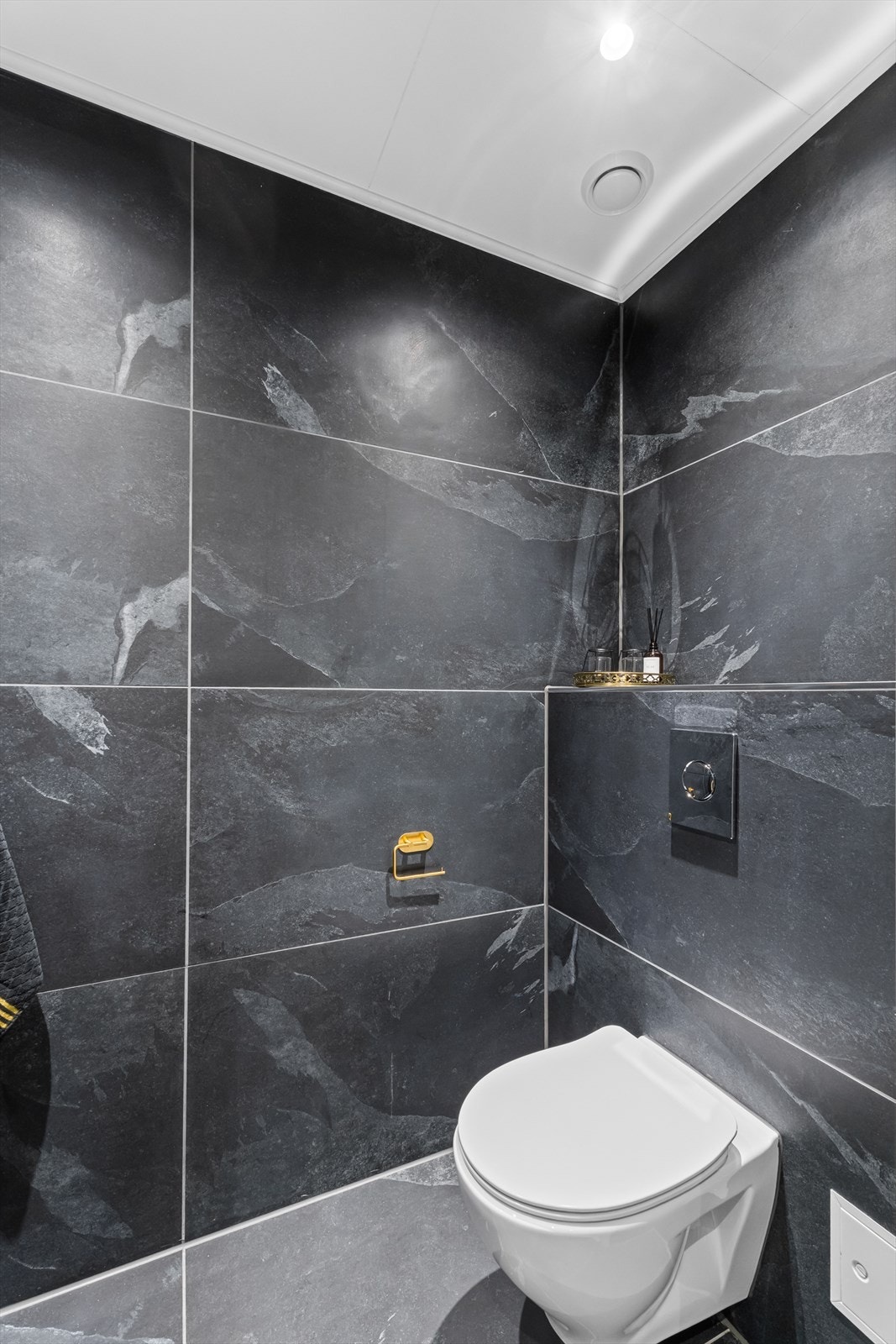 Veggmontert toalett med glatte, malte himlingsflater med downlights i tak. Galleribilde