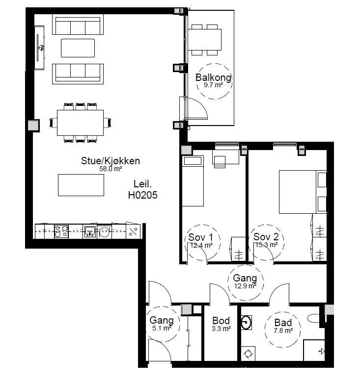 Planløsning for leiligheten. Galleribilde