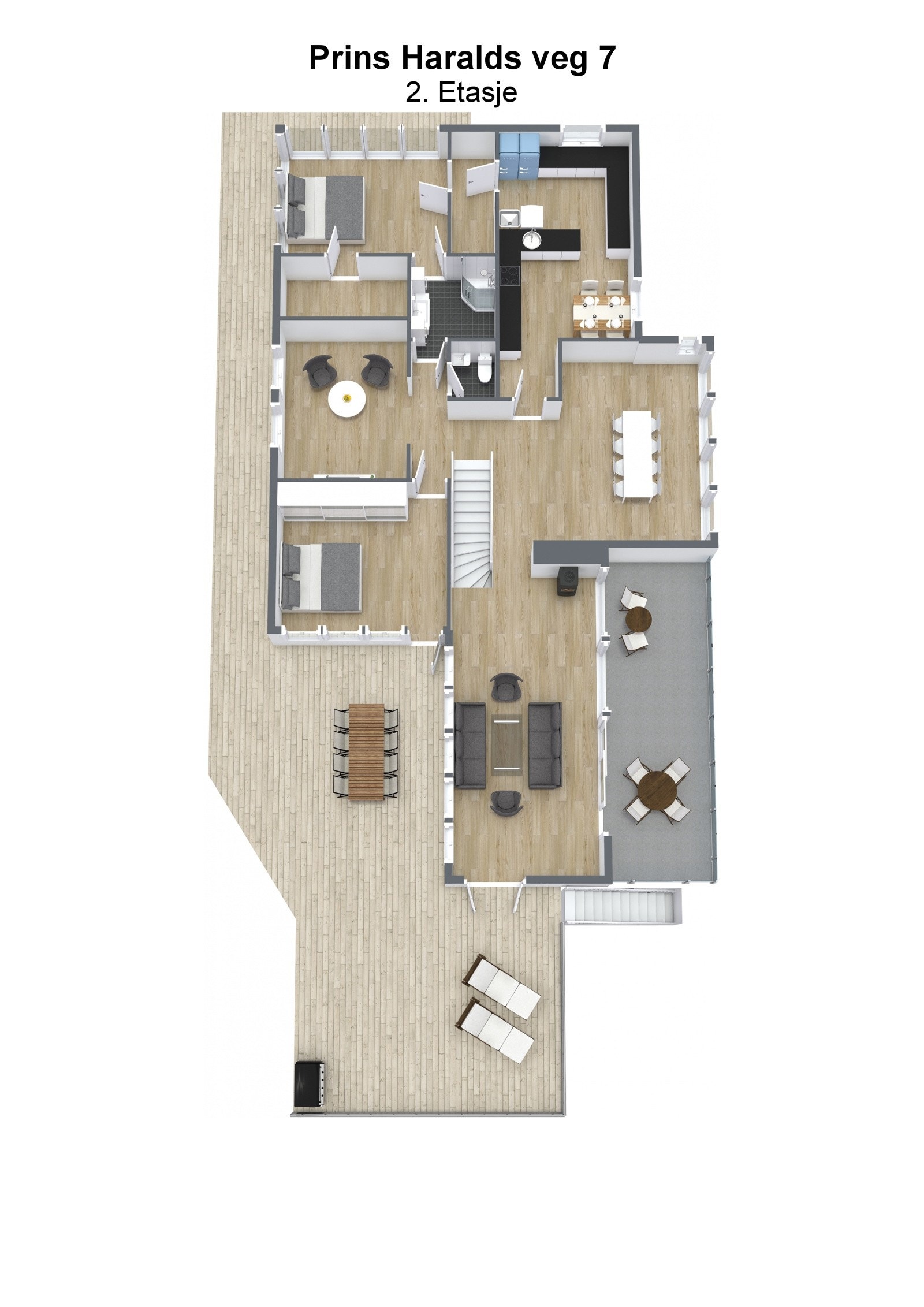 Hovedplanet byr på: stue, spisestue, kjøkken, 2 soverom, 2 boder, stue 2, toalettrom og bad. Galleribilde