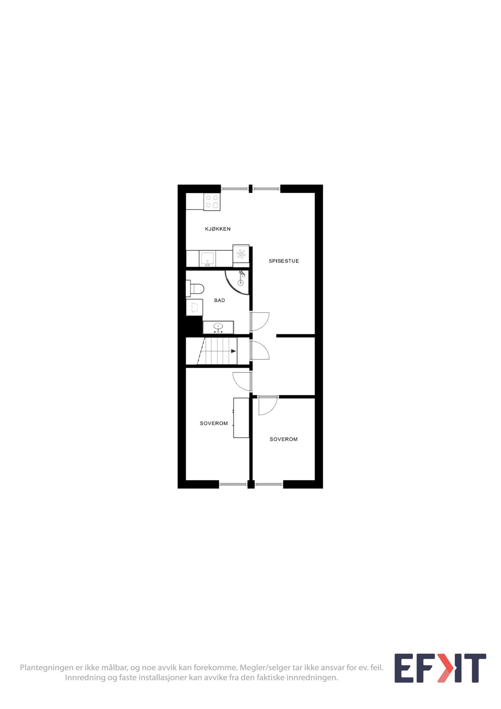 Plantegning av boligens 2.etasje. Det er også 3 isolerte kotter i taket med adgang fra gangen kjøkken og soverom som kan brukes som lagringsplass. Galleribilde