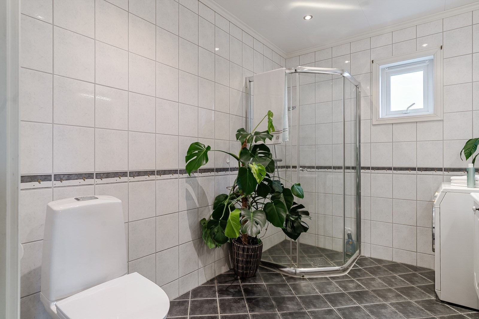 Det er opplegg for vaskemaskin og tørketrommel, og varmekabler i gulvet sørger for en behagelig temperatur året rundt. Galleribilde