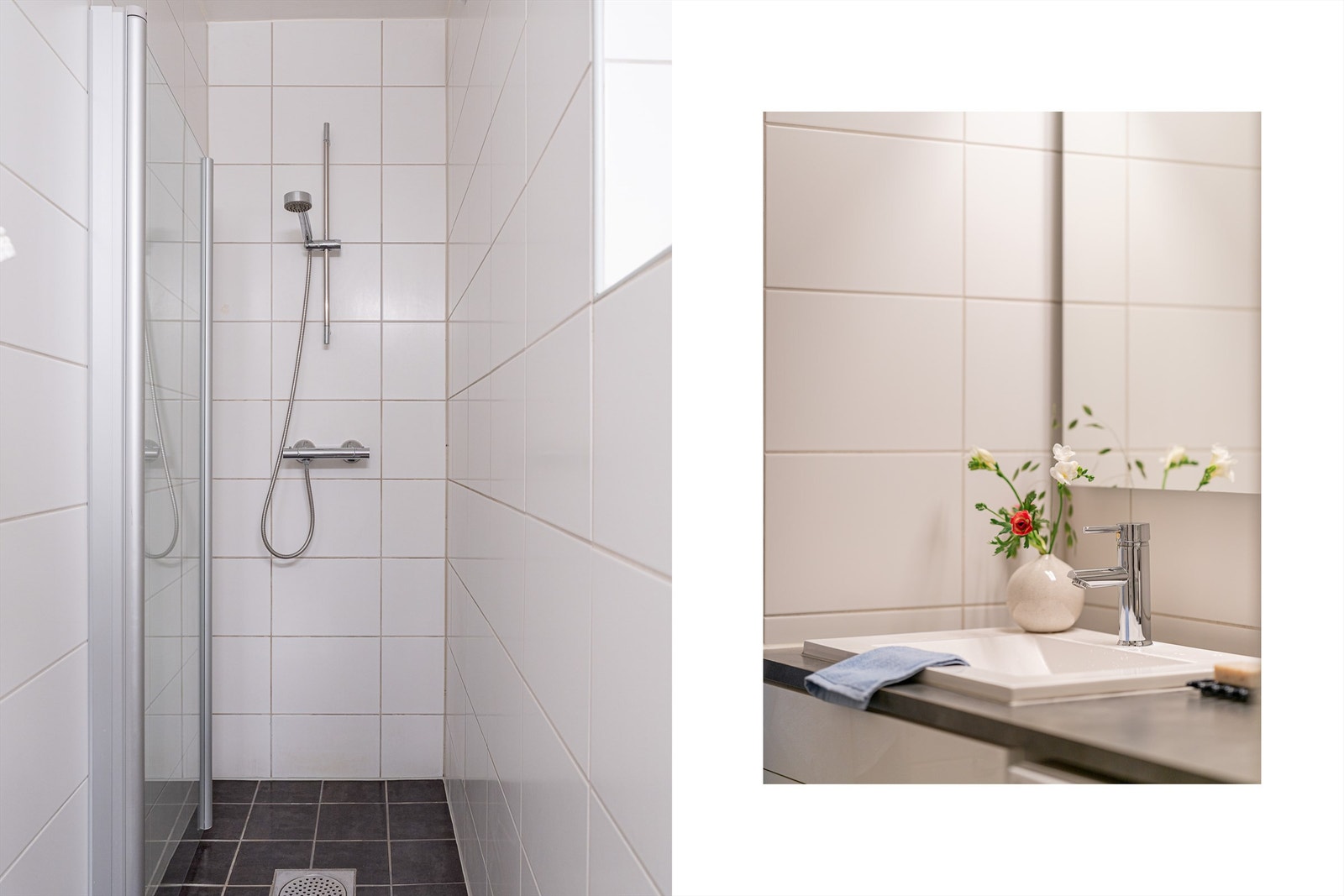 Baderomsinnredningen består av praktiske servantskuffer med nedsenket porselensservant, samt et stort speil og belysning over. Dusjnisjen har moderne glassdør. Galleribilde