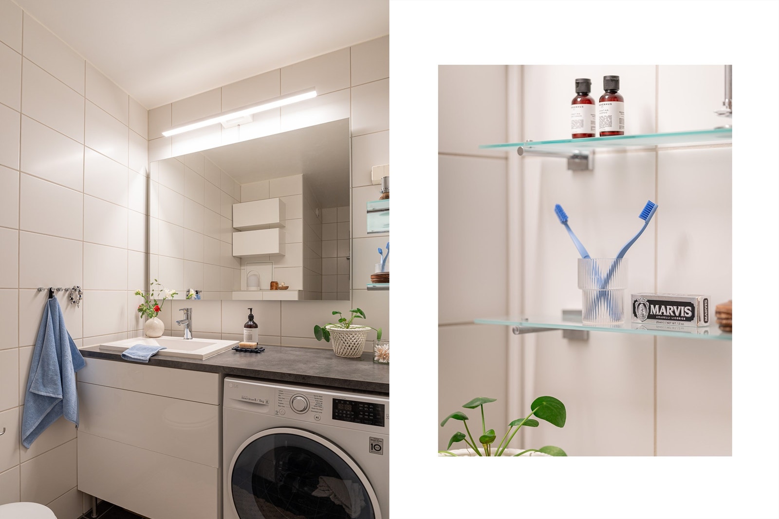 Nyere flislagt bad fra 2008. Moderne vaskemaskin med tørkefunksjon medfølger. Galleribilde