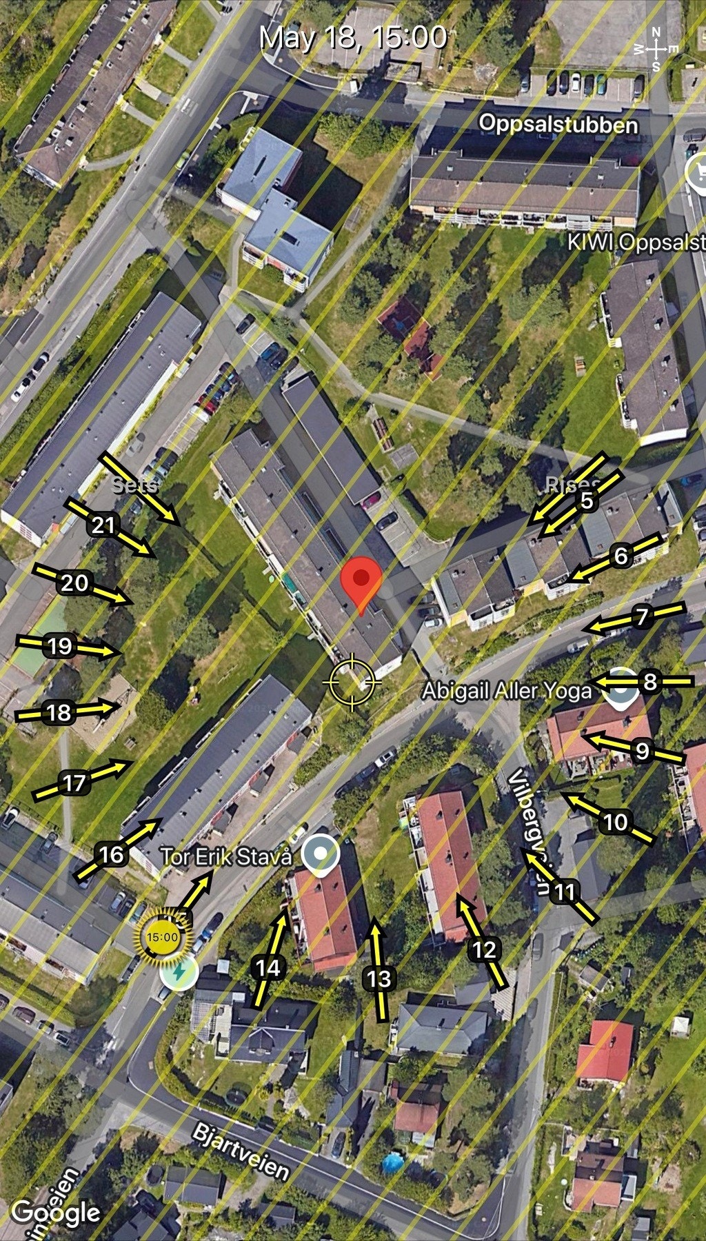 Solkart som viser solens bane på sommerstid. Leiligheten har svært gode sol og lysforhold. Galleribilde