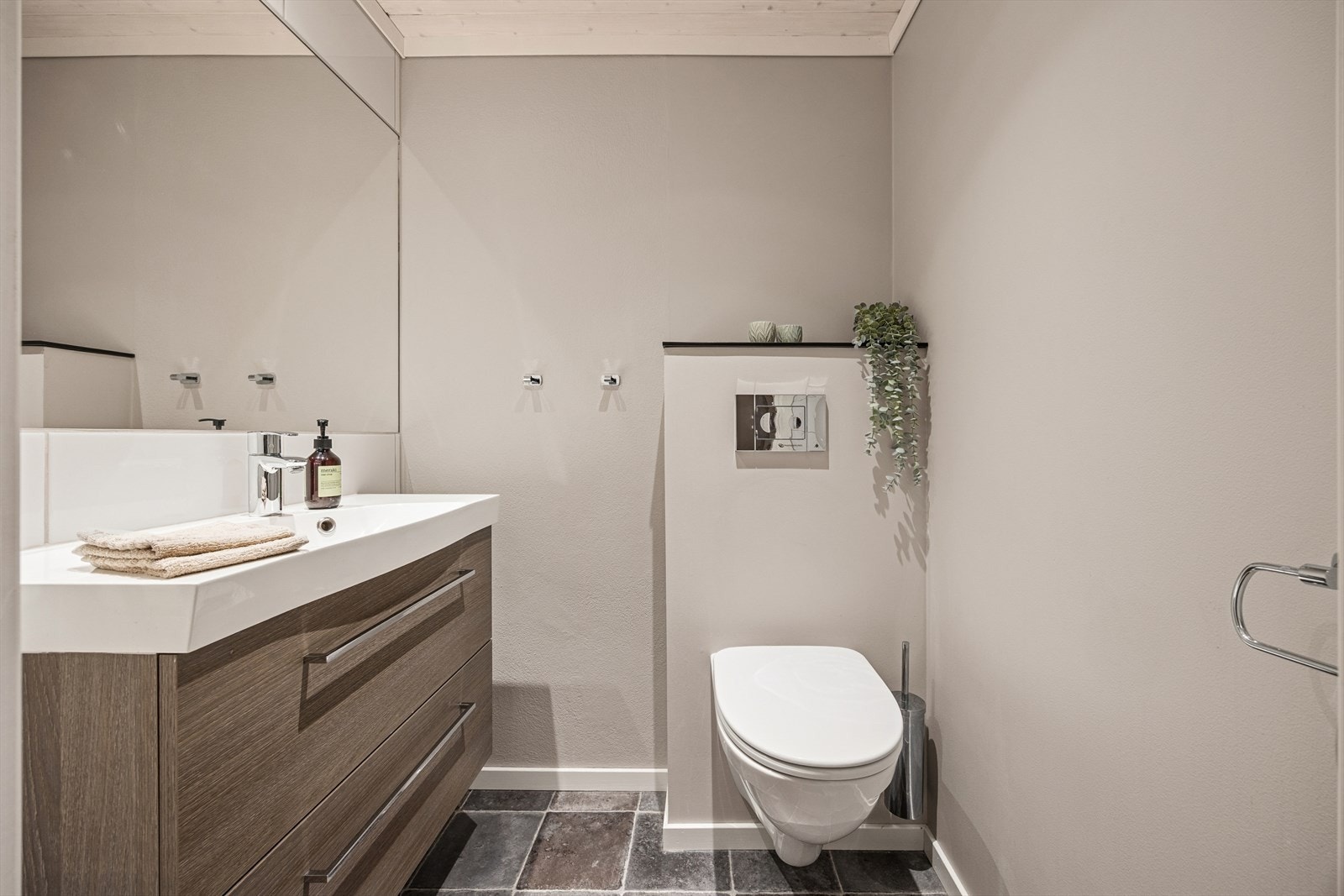 Toalettrom i underetasjen er innredet med vegghengt toalett, samt baderomsinnredning med servant og speil. Galleribilde