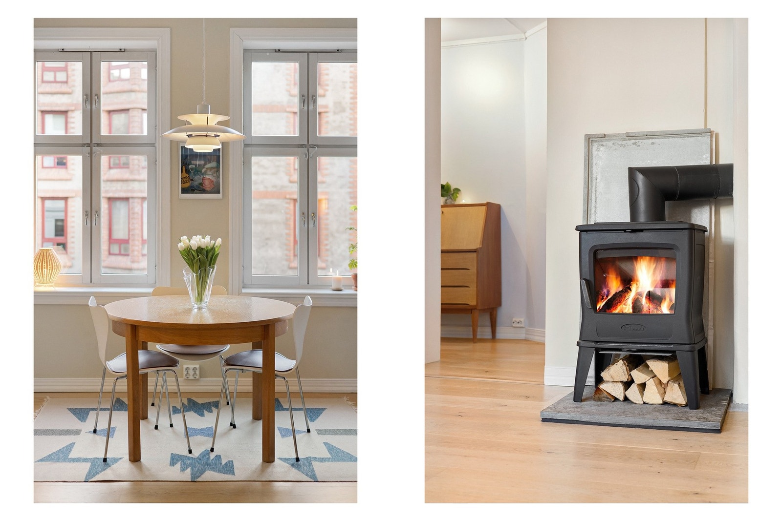 Leiligheten har lekker 1-stavs parkett på gulv og peisovn for lun og god oppvarming på vinterstid. Galleribilde