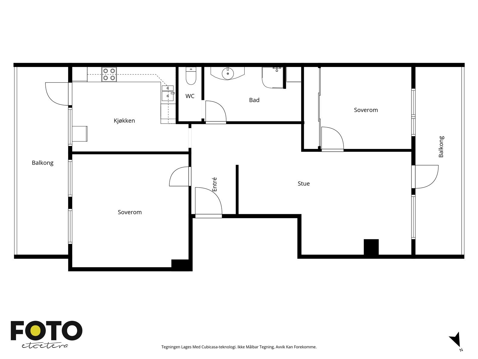 Plantegningen viser en gjennomgående leilighet på 85 m² med to soverom, to balkonger og separat toalett. Galleribilde