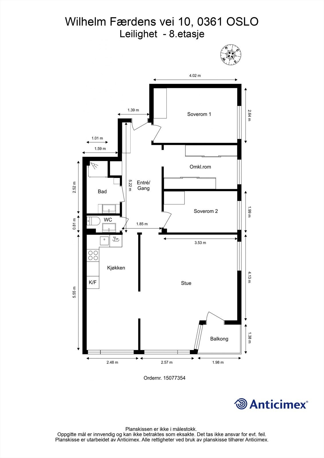 Plantegningen viser en arealeffektiv leilighet på 80 m² med to soverom og separat toalettrom. Galleribilde