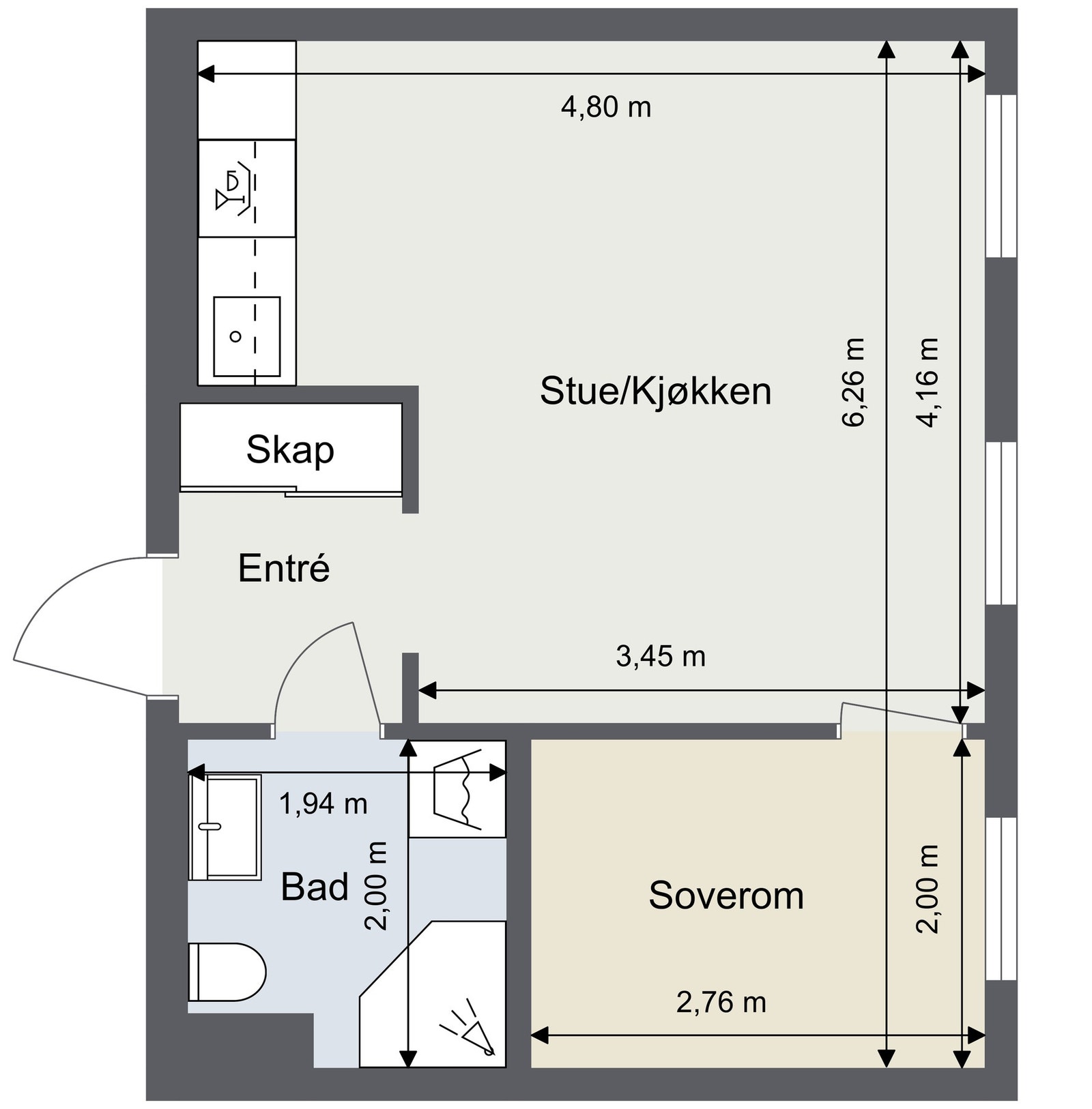 Plantegning. Tegningen er ikke målbar og kun ment som en illustrasjon. Galleribilde