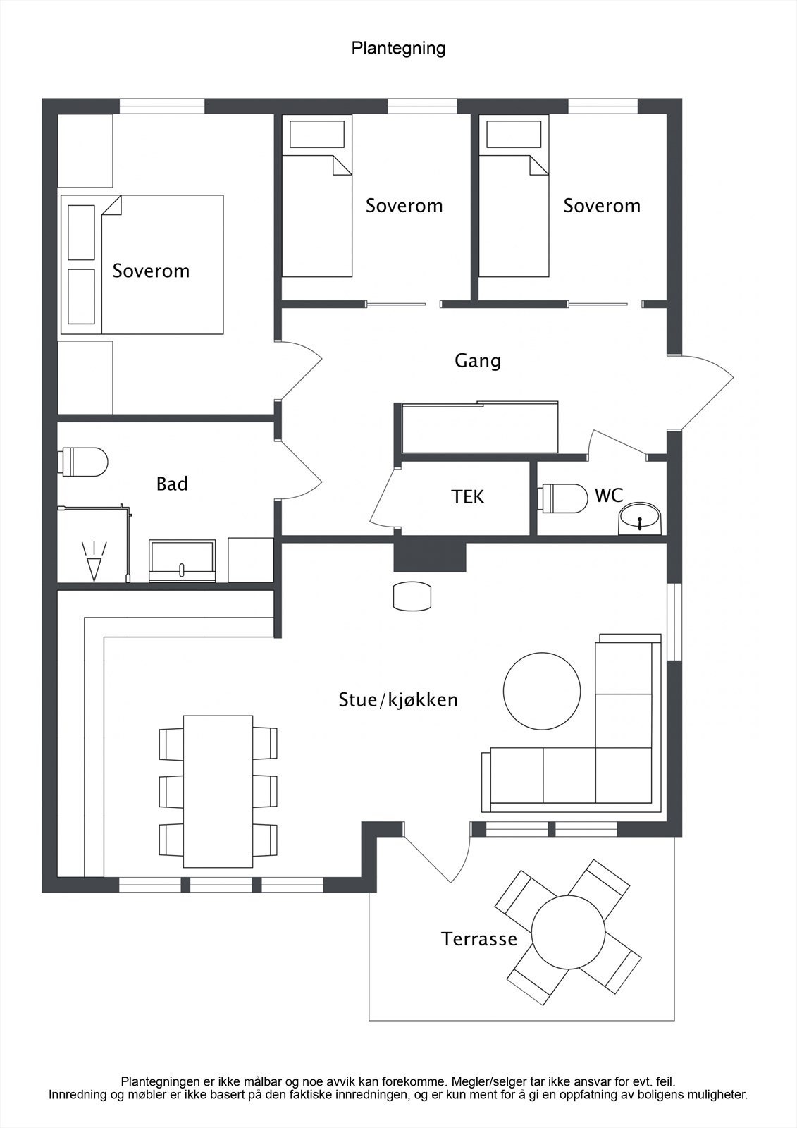 Plantegningen illustrerer en arealeffektiv og gjennomtenkt løsning med tre soverom og åpen stue/kjøkken-sone. Galleribilde