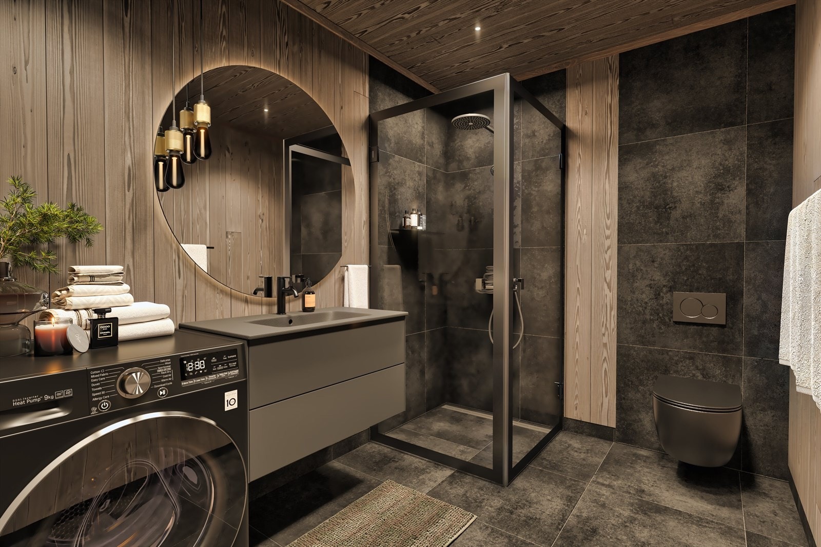 Badet leveres med en kombinasjon av 60x60 cm fliser og panel i en grå/sort utførelse. Galleribilde