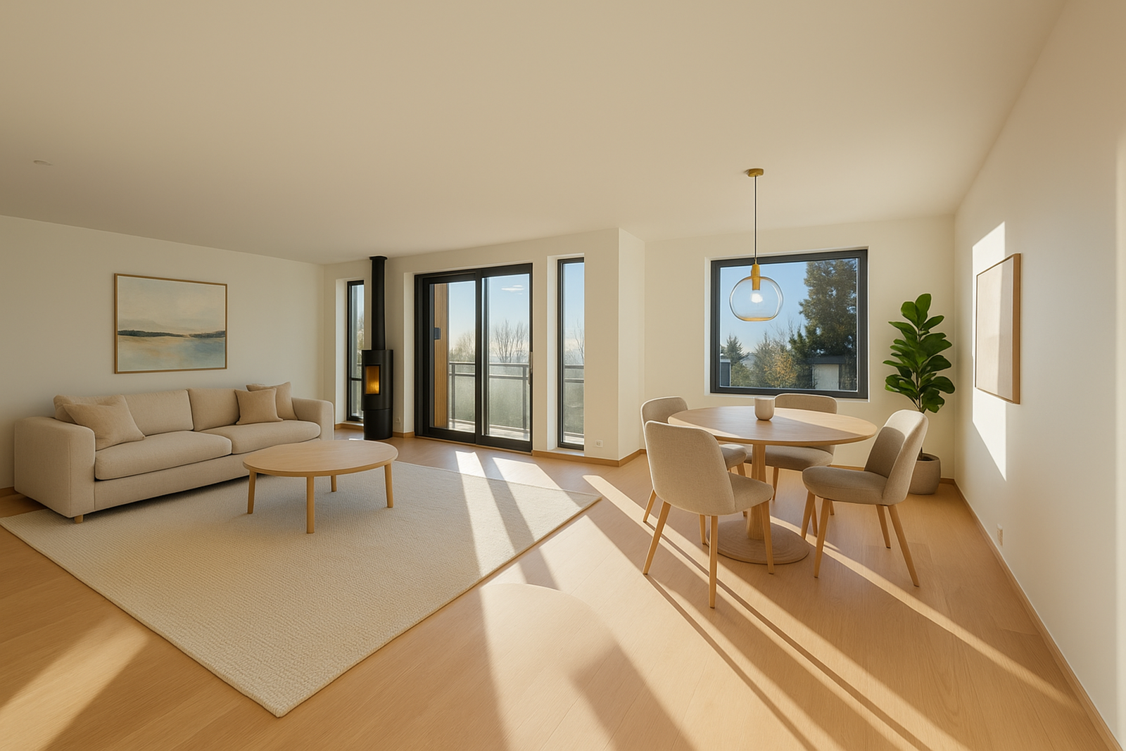 Romslig stue- og kjøkkenløsning med svært god plass til familieselskaper og sosiale sammenkomster.
Bildet er av illustrativ karakter og angir nødvendigvis ikke korrekt gjengivelse av elementer i boligene. Galleribilde