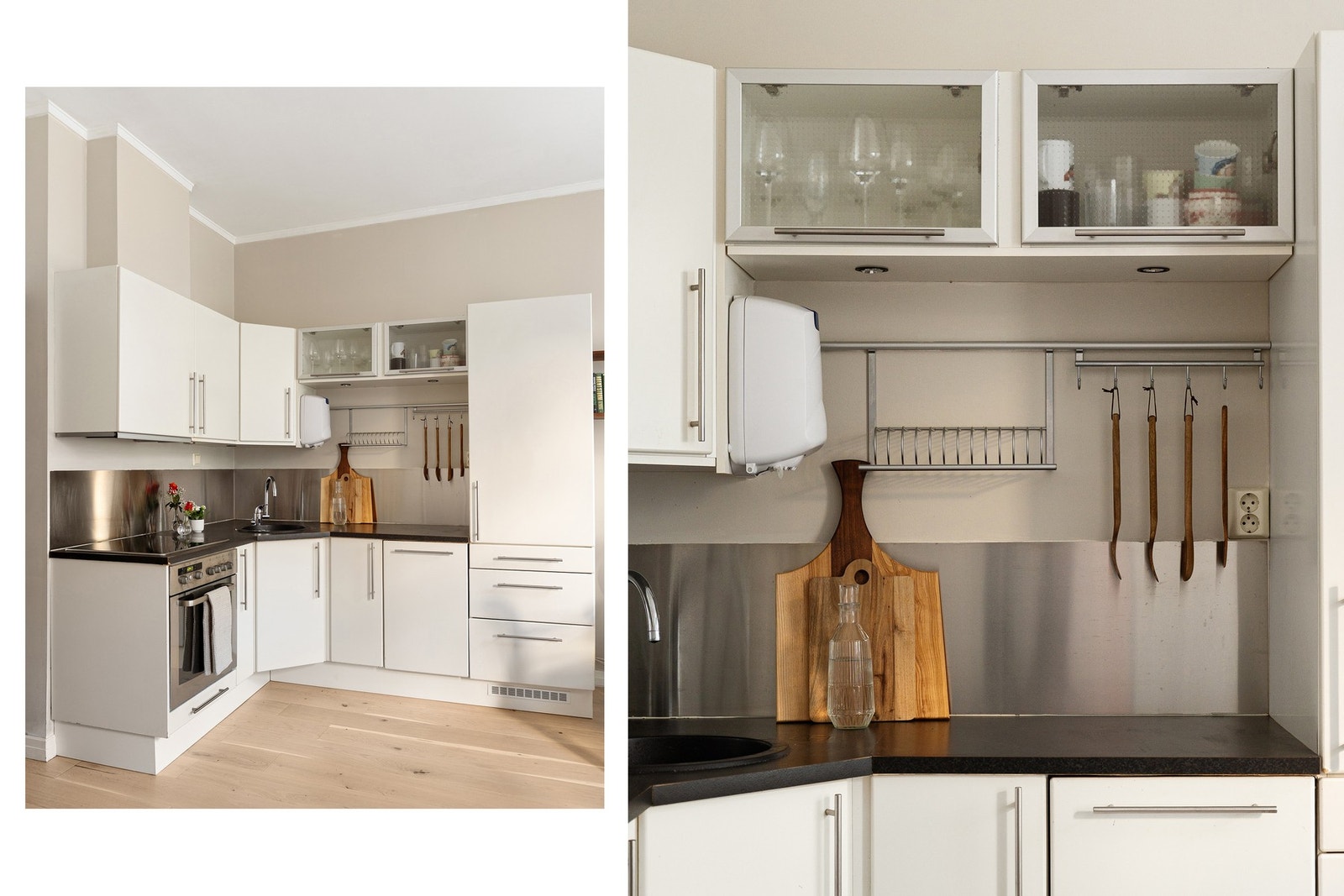 Åpen løsning med mye skap- og benkeplass. Integrerte hvitevarer som platetopp, stekeovn, oppvaskmaskin og kjøleskap. Galleribilde