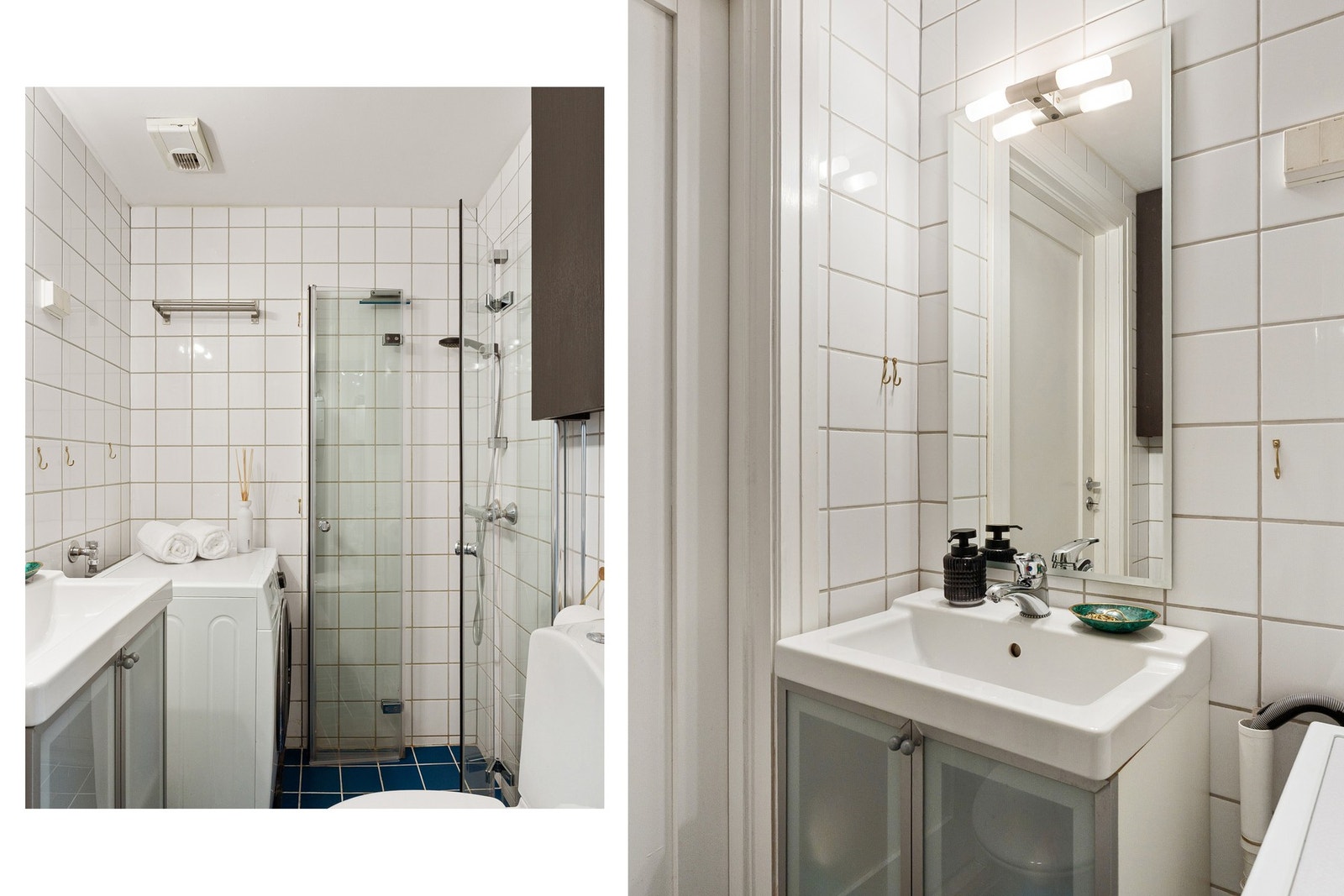 Flislagt bad med varmekabler og opplegg for vaskemaskin. Dusjhjørne med glassdører (2021), toalett (2020) og servantskap med speil og lys over. Galleribilde