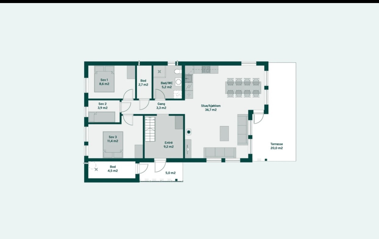 Plantegegning 1 etg Furutangen 100 fra Familieytta Galleribilde