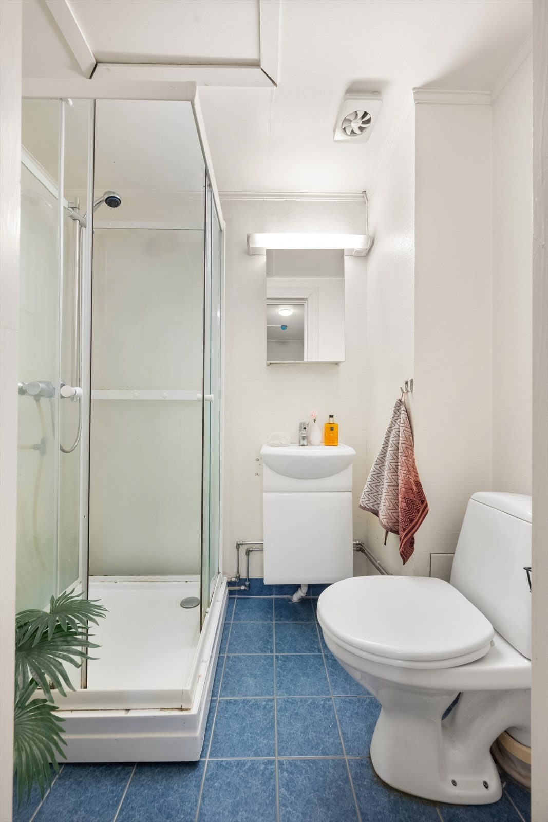 Badet er innredet med frittstående toalett, servant med ettgreps blandebatteri, overskap med speil og dusjkabinett. Galleribilde