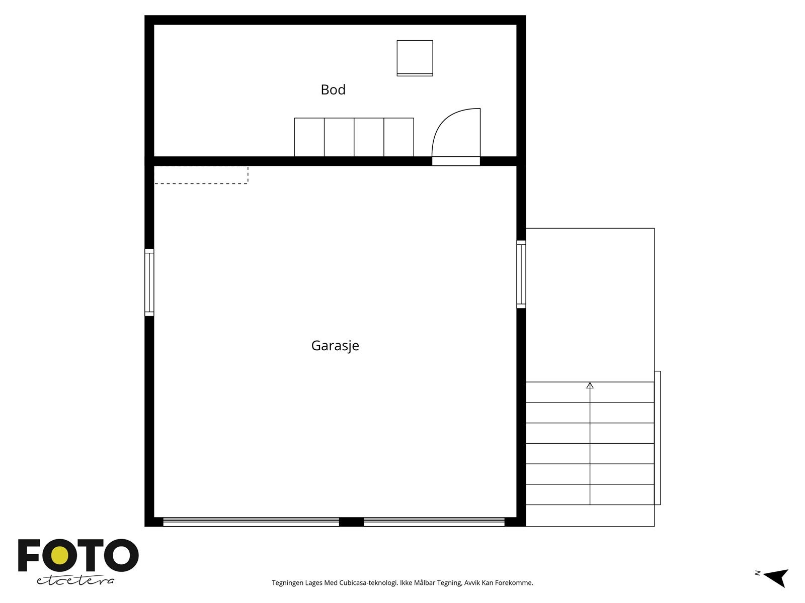 Plantegning av den frittstående garasjen på 43 m² med integrert bod. Veiledende planskisse - ikke målbar Galleribilde