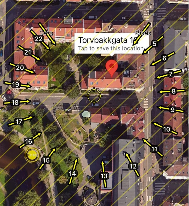 Soldiagram som viser ca soltider for Torvbakksgata 10 (medio juni). Galleribilde