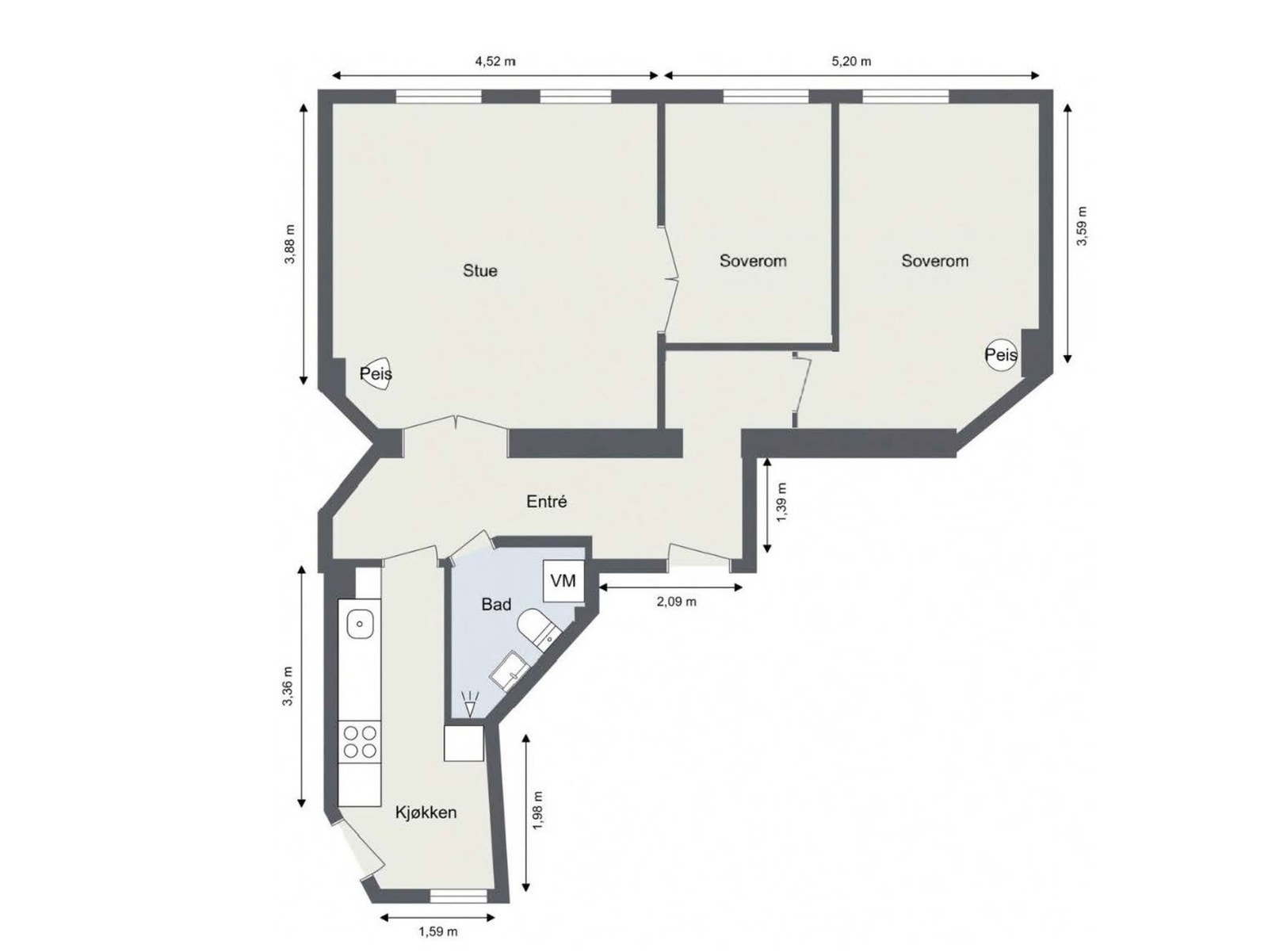 Alternativ planskisse med 2 soverom (3-roms). Galleribilde