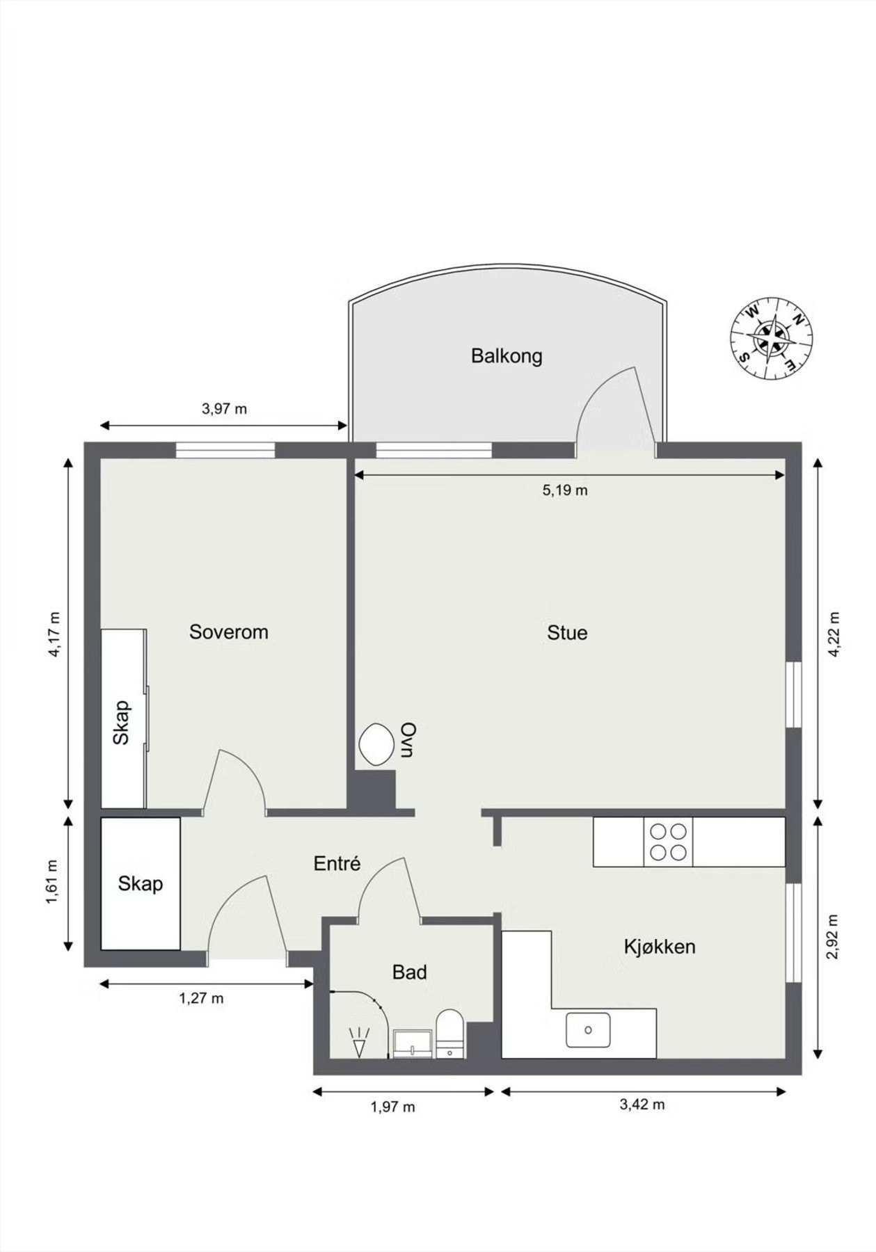 Planskisse. Leiligheten disponerer loftsbod og 2 kjellerboder i tillegg. Galleribilde