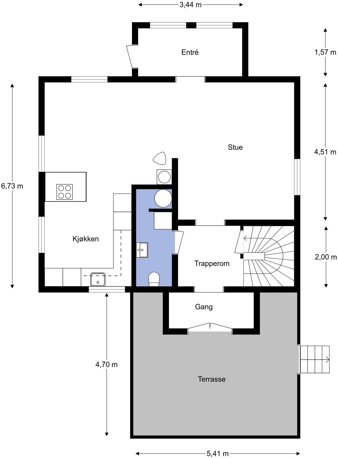 Plan 1.etg inneholder entre, stue, kjøkken, trapperom, wc/vaskerom, trapperom og gang. Galleribilde