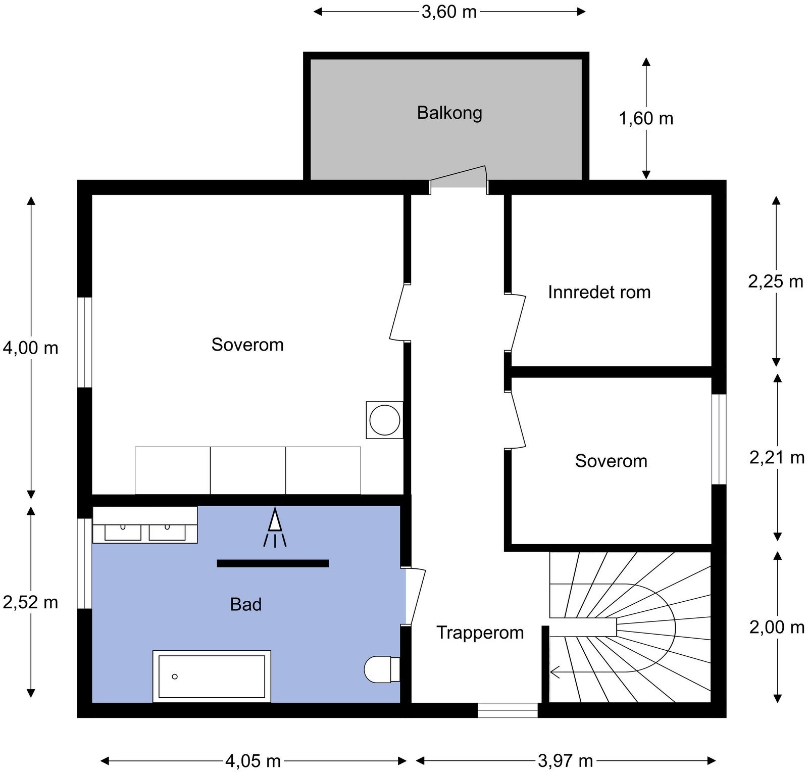 2. etasjen inneholder trapperom, 2 soverom, innredet rom, bad og gang med utgang til balkong. Galleribilde