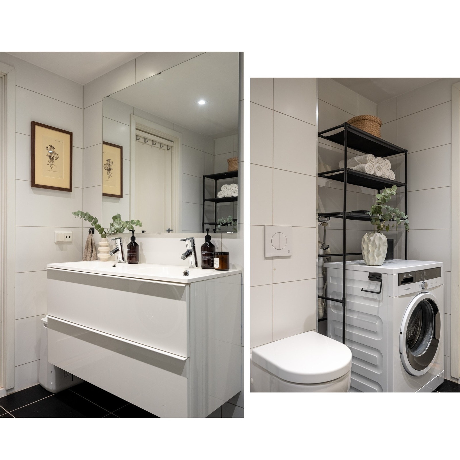 Dusjhjørne med 2 stk påkoblet hånddusj og regndusj. Opplegg for vaskemaskin. Galleribilde