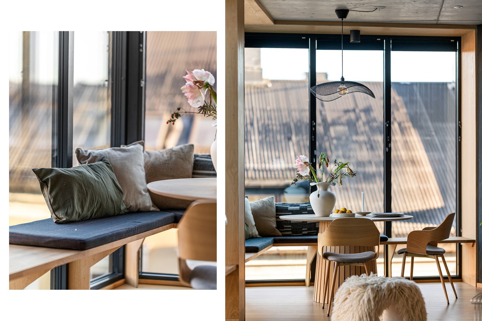 Delikat spisesone med plassbygd benk som strekker seg langs hele vindusrekken Galleribilde