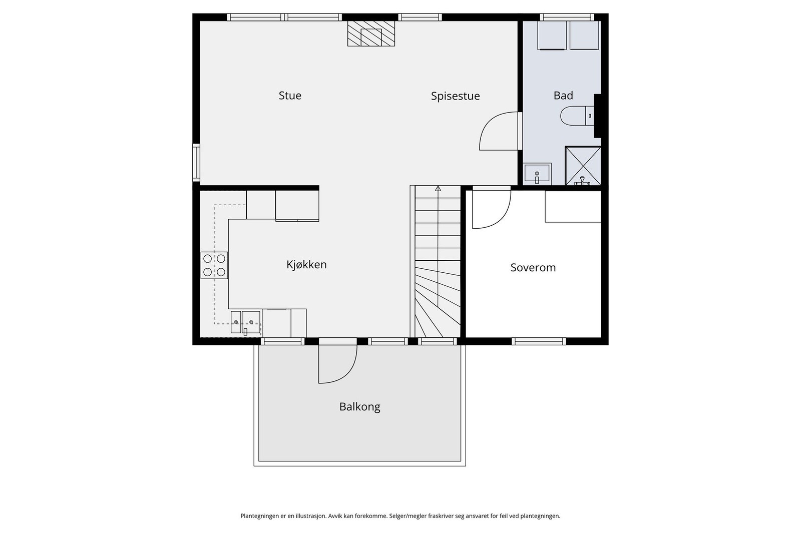 Planløsning 2. etasje med stue, kjøkken, bad og soverom Galleribilde