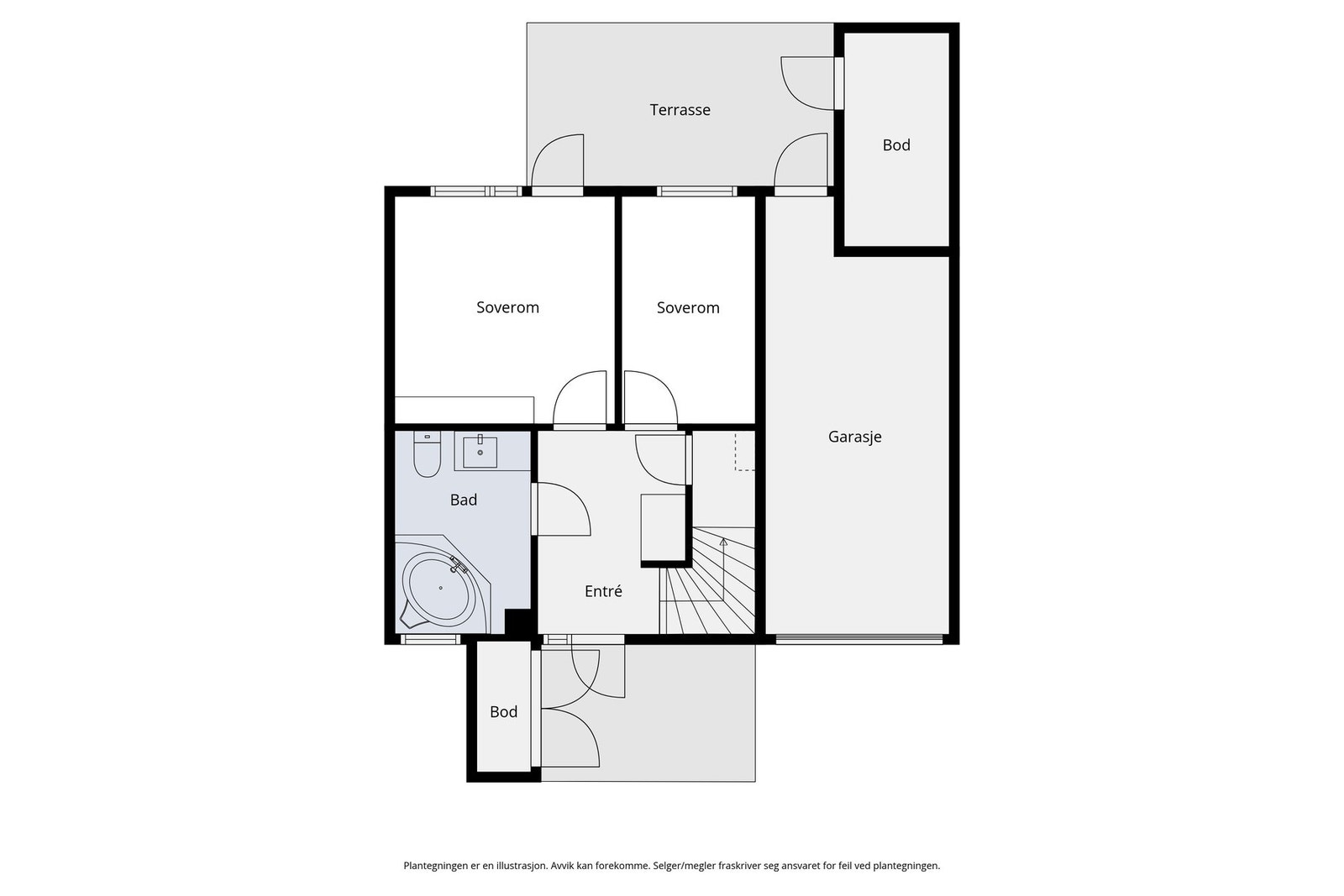 Planløsning 1. etg med 2 soverom, gang, bad. Utvendig boder og garasje. Galleribilde