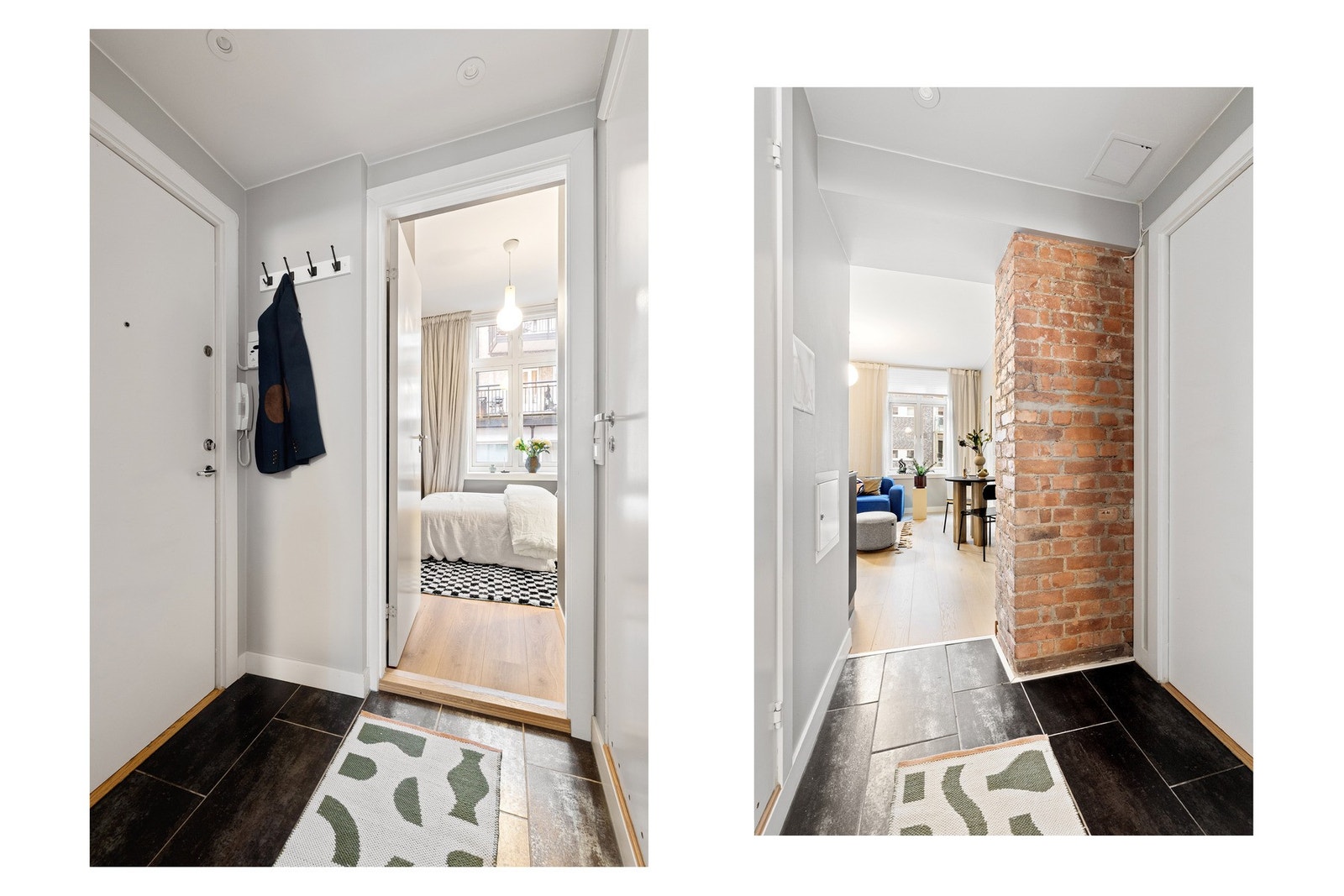 Lys og innbydende entré med gode oppbevaringsmuligheter. Dørcalling med åpner. Galleribilde