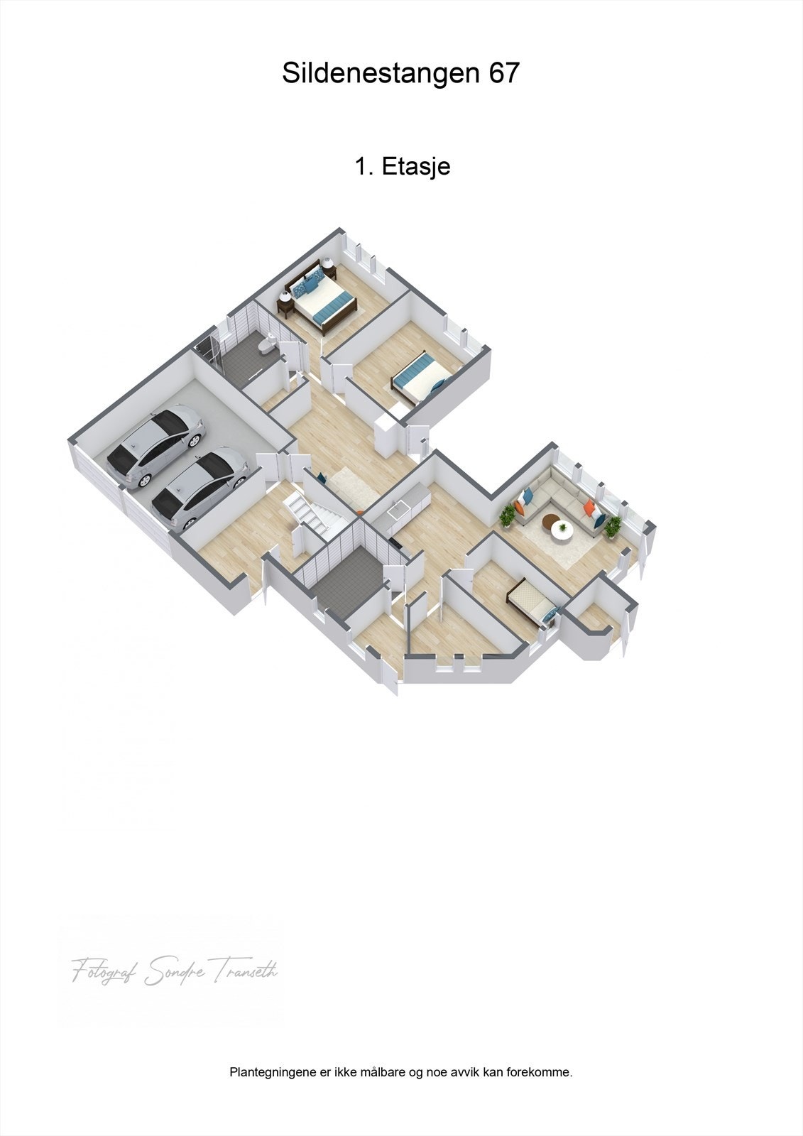Planløsning 1.etg.: entre/hall med tilkomst direkte til garasje, stue, 2 soverom, samt bad. Utleieleilighet: egen inngang, entre/mellomgang, soverom, åpen stue/kjøkkenløsning, samt en innvendig bod/soverom (ikke godkjent for varig opphold) Galleribilde