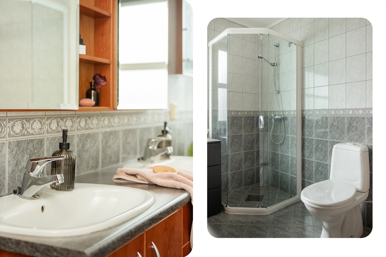 Badet er på 7,6 m² med flisbelagt gulv og vegger. Galleribilde