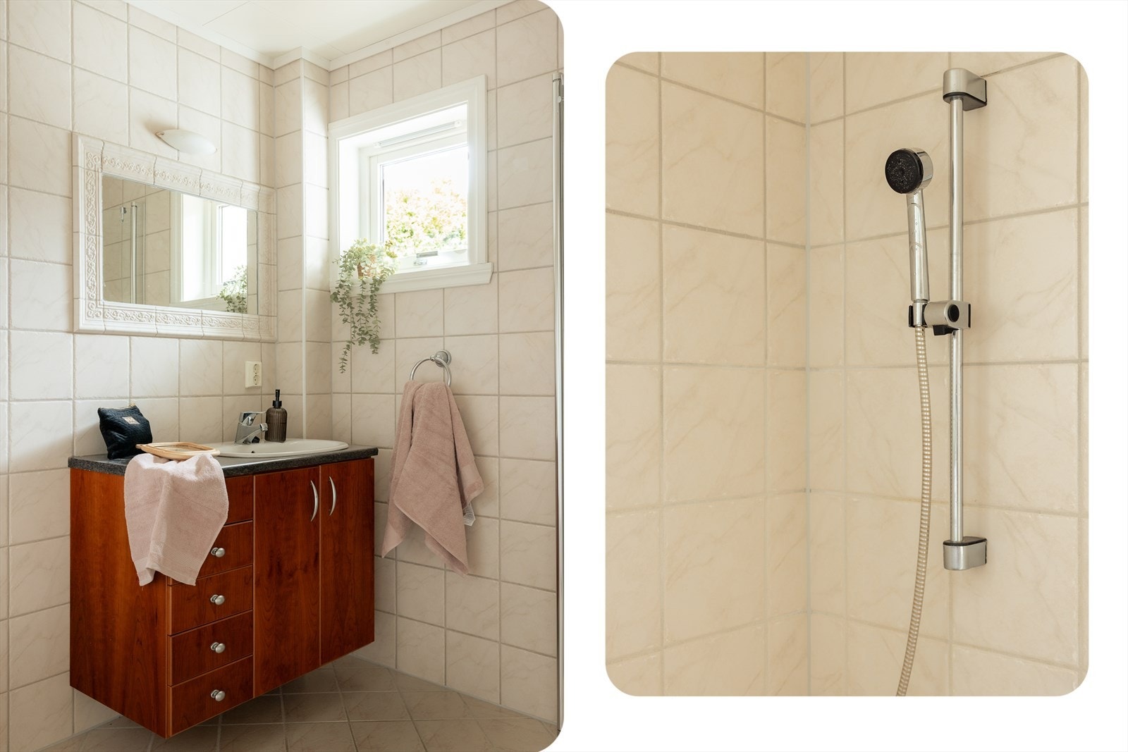 Badet er innredet med nedfelt servant, toalett og dusjvegger/hjørne. Galleribilde