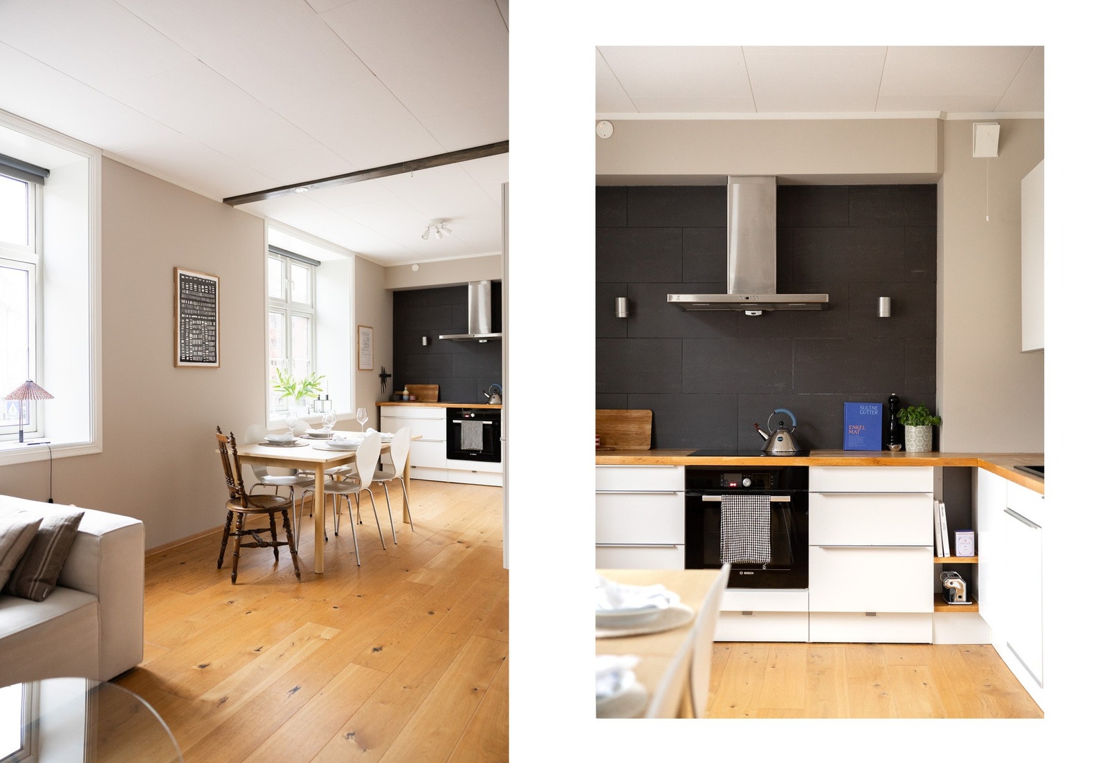 Flislagt mellom kjøkkenbenk og overskap samt benkeskapsbelysning og stikkontakter under overskap. Galleribilde