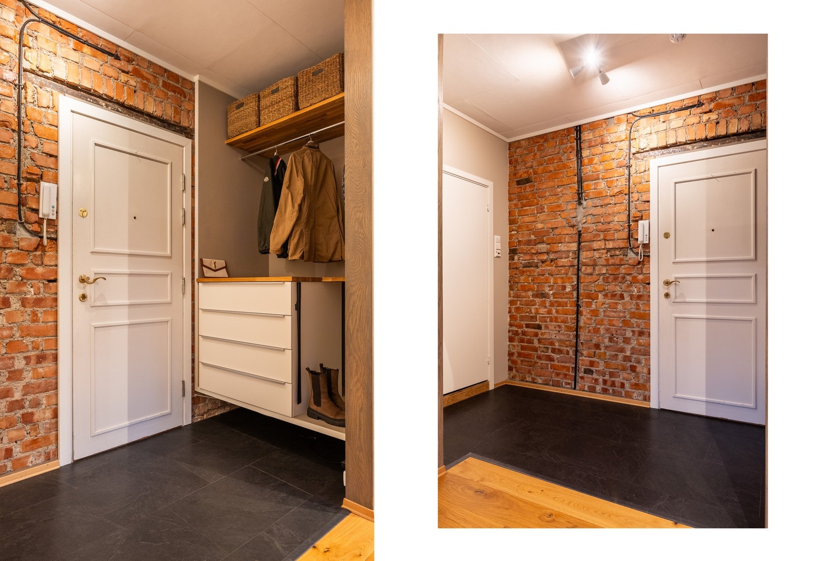 Teglsteinsvegg som skaper et unikt særpreg i leiligheten. Galleribilde